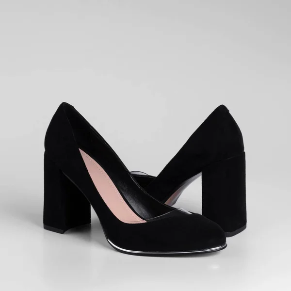 Women Black Suede Shoes Transparent Inserts High Thick Heels Close — Stok fotoğraf