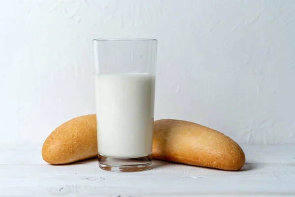 Wheat Mini Baguettes Milk Rustic Nutritious Breakfast — Stock Photo, Image