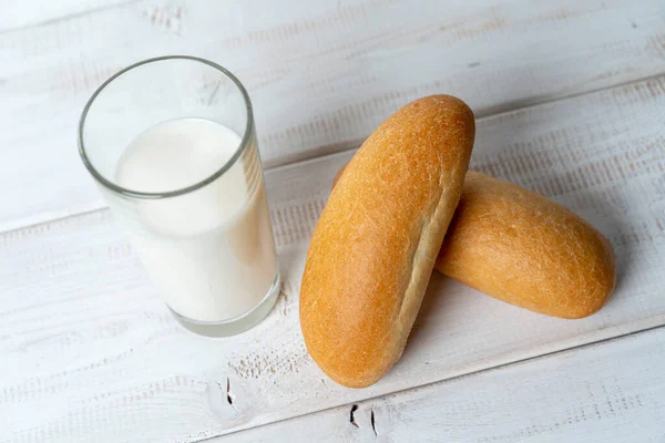 Wheat Mini Baguettes Milk Rustic Nutritious Breakfast — Stock Photo, Image