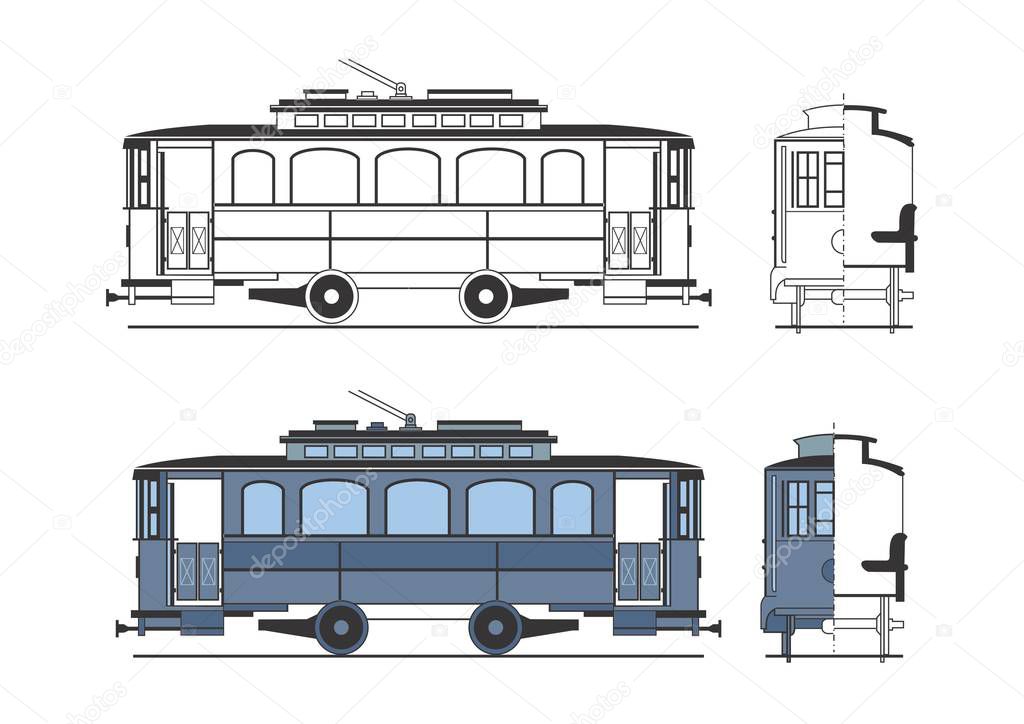 Hand  drawing of a vintage retro  tram. Based on the drawing of the world's first tram. 