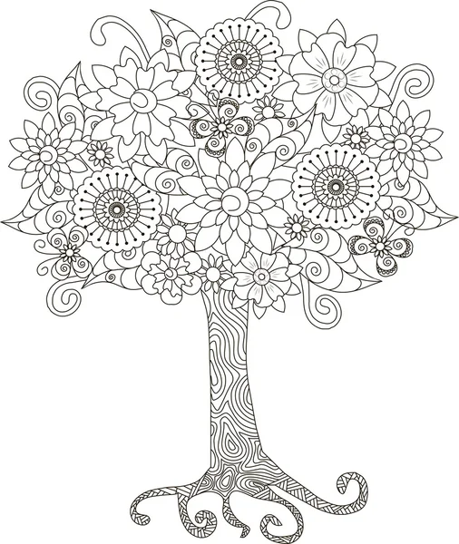 Árbol floreciente para colorear libro, ilustración vector anti-estrés — Archivo Imágenes Vectoriales