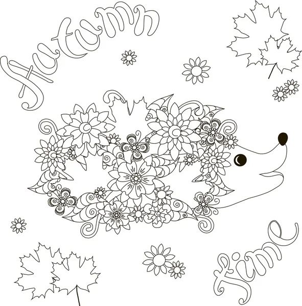 Lettrage Temps d'automne, hérisson floral, coloriage illustration vectorielle anti-stress — Image vectorielle