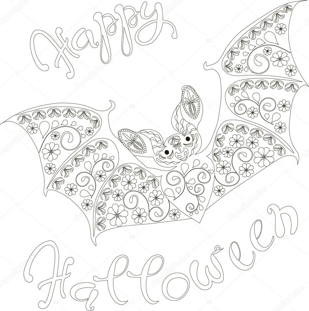 Lettering Happy Halloween, floral bat, coloring page anti-stress vector illustration