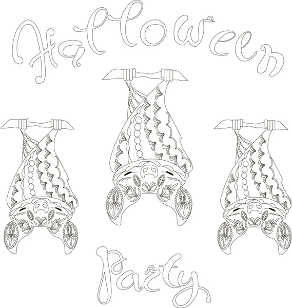 Lettering Halloween Party, morcegos florais, página para colorir ilustração vetorial anti-stress — Vetor de Stock