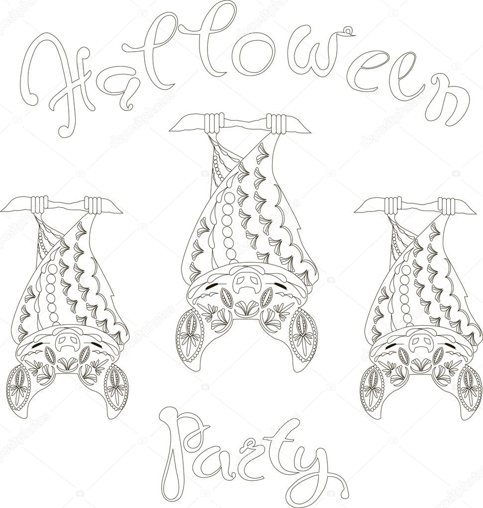 Lettering Halloween Party, floral bats, coloring page anti-stress vector illustration