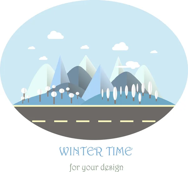 Paisaje de montaña con carretera en invierno. Diseño plano moderno, elemento de diseño, ilustración vectorial — Vector de stock