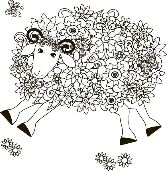 Flores ovelhas, colorir página anti-stress ilustração do vetor —  Vetores de Stock