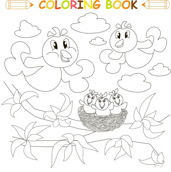 Coloriage famille d'oiseaux, poussins sur nid, illustration vectorielle — Image vectorielle