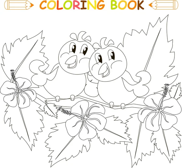 Kleuren boek vogel koppel op hibiscus tak met bloemen en bladeren, vectorillustratie — Stockvector