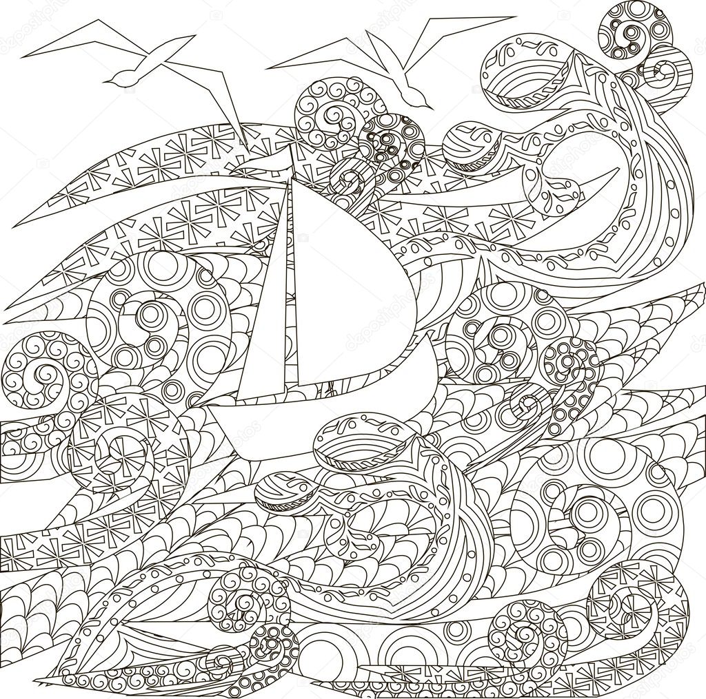 Hand drawn zentangle ship on waves, vector illustration