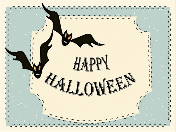 Vintage Gratulationskarte Happy Halloween, schwarze Fledermäuse und nackte Füße auf beigem und blauem Hintergrund, Vektorillustration — Stockvektor