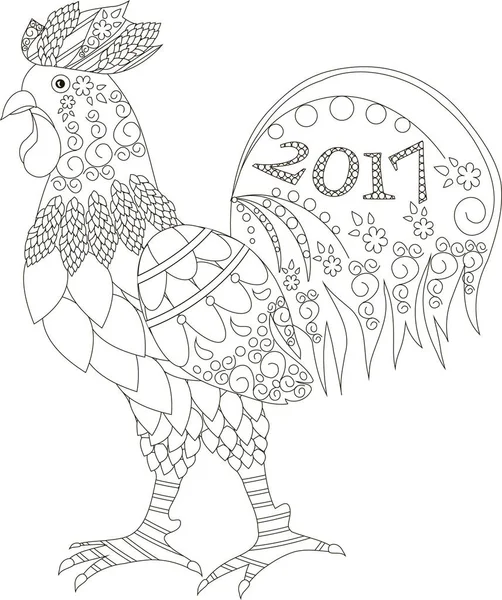 Stylized cock, 2017, black and white hand drawn vector illustration — Stock vektor