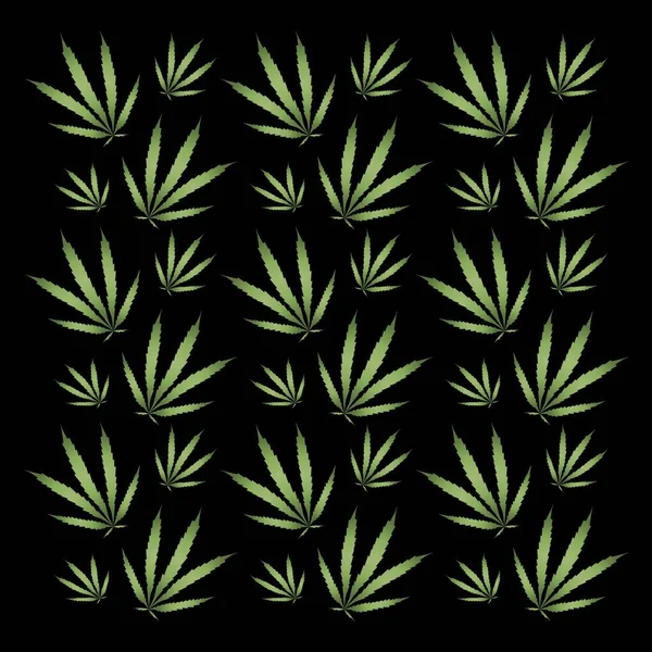 Modello senza cuciture di foglie di cannabis verde disegnate a mano su sfondo nero, illustrazione vettoriale — Vettoriale Stock