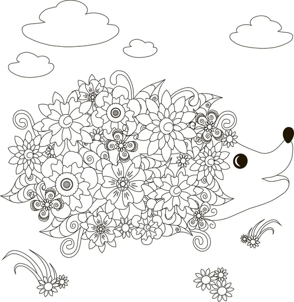 Fleurs hérisson, coloriage anti-stress vectoriel illustration — Image vectorielle