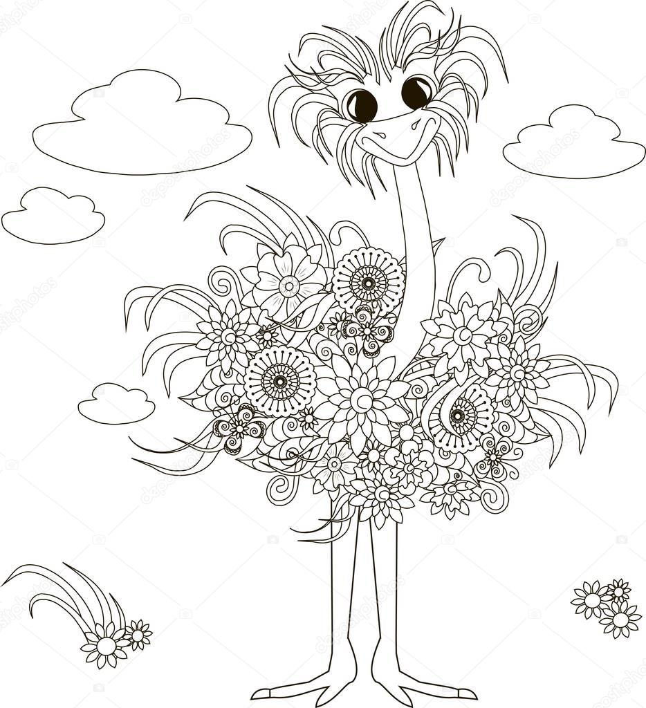 Autruche de fleurs illustration vectorielle anti stress page   colorier — Image vectorielle