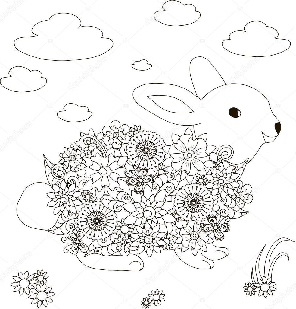 Lapin de fleurs illustration vectorielle anti stress page   colorier – Illustration