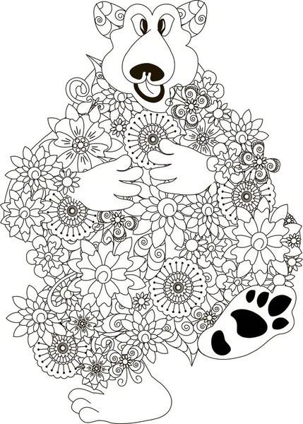 Fleurs ours, coloriage anti-stress vectoriel illustration — Image vectorielle