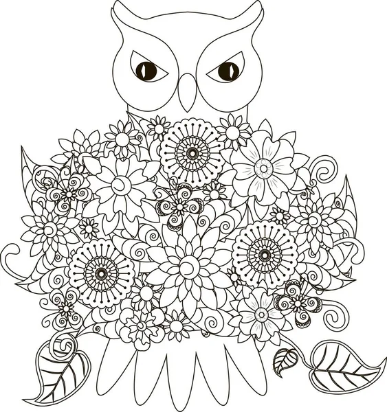 Flores búho, página para colorear ilustración vector anti-estrés — Archivo Imágenes Vectoriales
