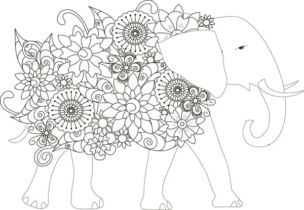 Blommor elefant, färg sida anti-stress vektorillustration — Stock vektor