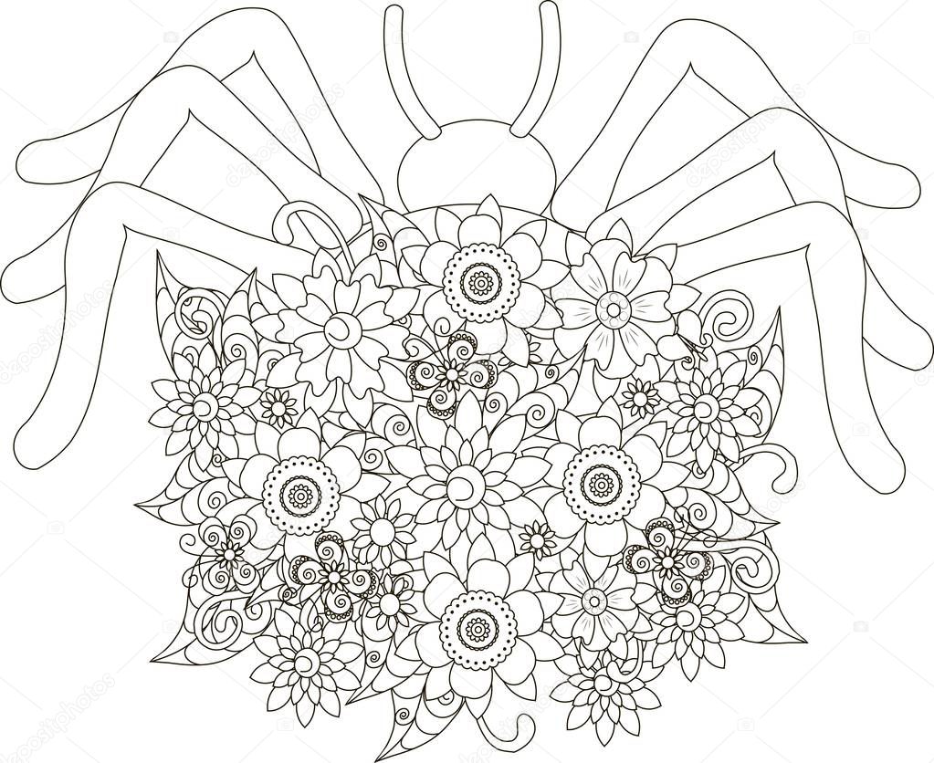 Araignée de fleurs illustration vectorielle anti stress page   colorier — Image vectorielle
