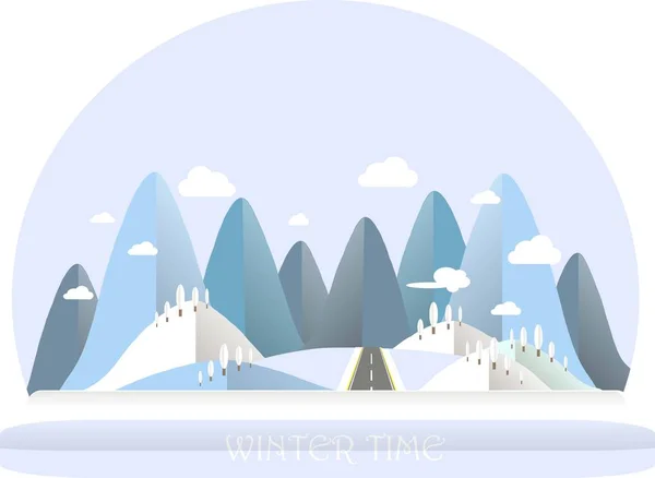 Paisaje de invierno. Colinas azules y blancas, cielo, nubes, árboles. Diseño plano, ilustración de vector de stock — Archivo Imágenes Vectoriales