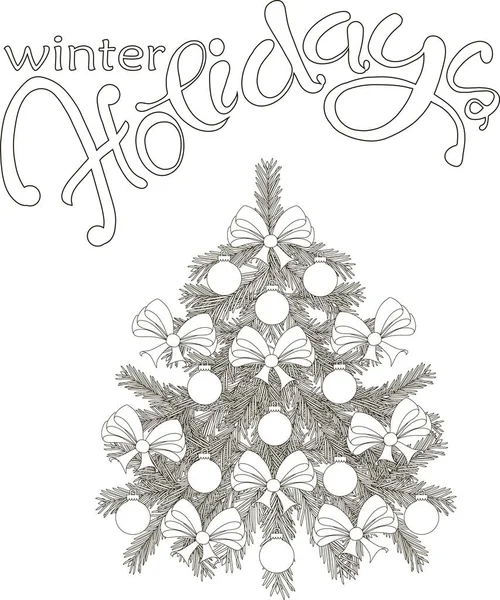Ręka ciągnione czarno-biały szkic choinki i napis ferie zimowe, ilustracji wektorowych — Wektor stockowy