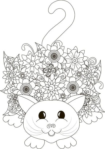 Bloemen kat, kleurplaten pagina Antistress vectorillustratie — Stockvector