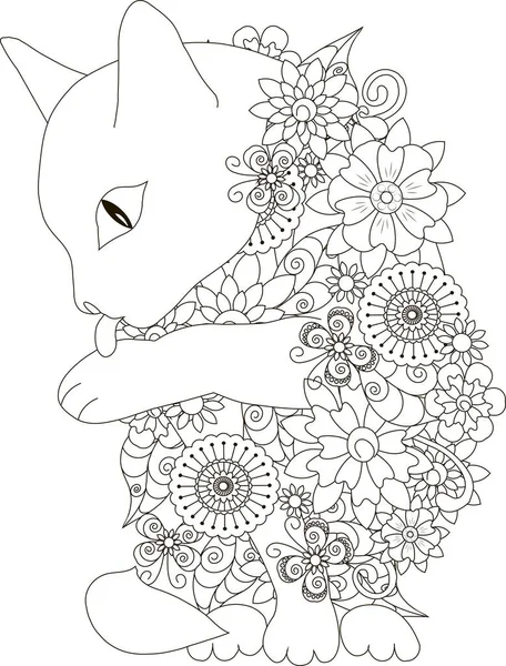 Flores gato, colorir página anti-stress vetor ilustração — Vetor de Stock