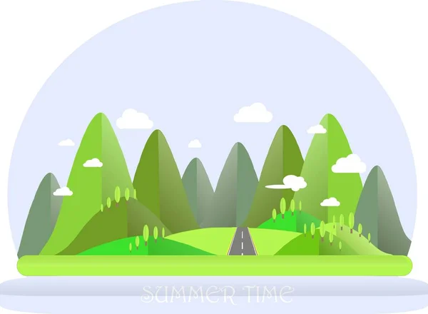 Paisaje de montaña. Colinas verdes, árboles, cielo azul, nubes blancas, carretera gris. Diseño plano, ilustración de vector de stock — Archivo Imágenes Vectoriales