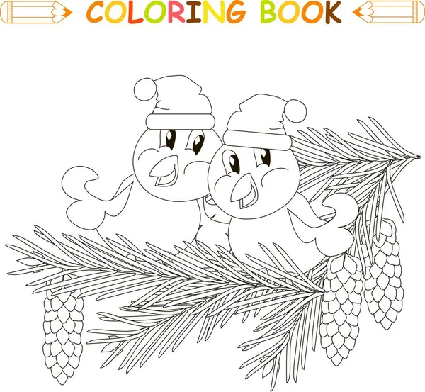 Due uccelli in cappelli seduti su rami di abete con coni, illustrazione vettoriale in bianco e nero anti stress — Vettoriale Stock