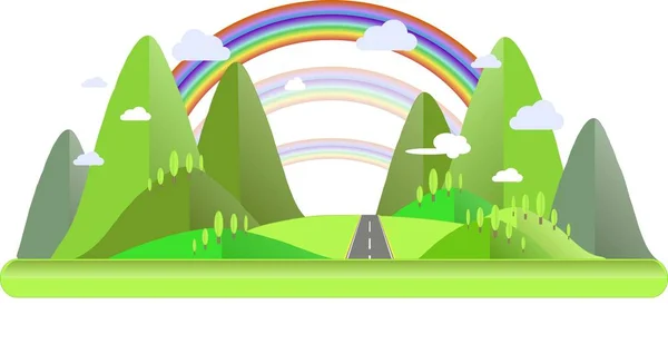 Paisaje de montaña con colinas verdes, árboles, camino gris, arco iris, nubes azules y blancas, ilustración vectorial de diseño plano — Vector de stock