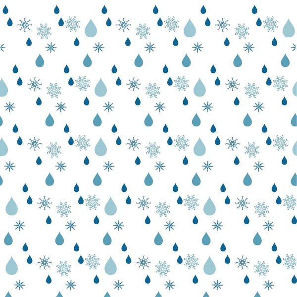 Nahtloser blauer Zügel Tropfen und Schneeflocken Muster auf weißem, Stock Vektor Illustration — Stockvektor