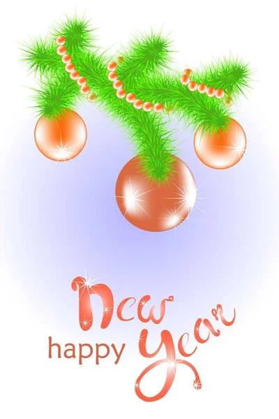 Tarjeta de felicitación Feliz Año Nuevo, dibujo a mano letras rojas, bolas, árbol de navidad rama verde, ilustración vector de stock — Vector de stock