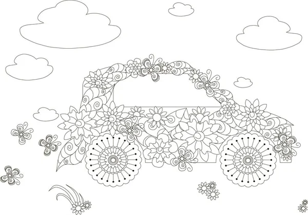 Flores coche, adulto para colorear página anti-estrés stock vector ilustración — Vector de stock