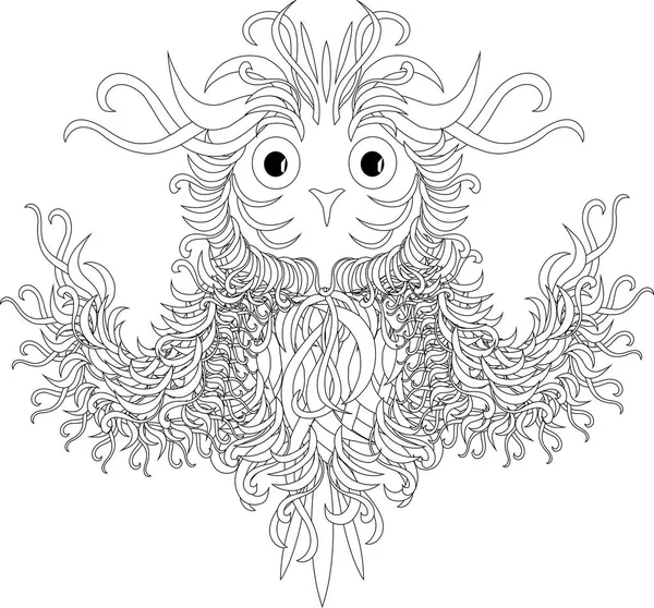 Búho volador blanco y negro, zentangle vector ilustración — Vector de stock