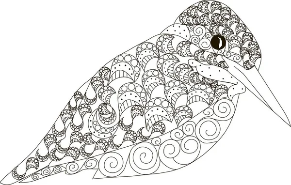 Oiseau martin-pêcheur dessiné à la main, illustration vectorielle anti stress noir et blanc — Image vectorielle