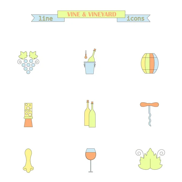 Conjunto de ícones de linha de cores com diferentes elementos de vinho garrafa, uva, saca-rolhas, folha de videira, vidro, barril. Série de ícones de estilo de linha de ilustração vetorial — Vetor de Stock