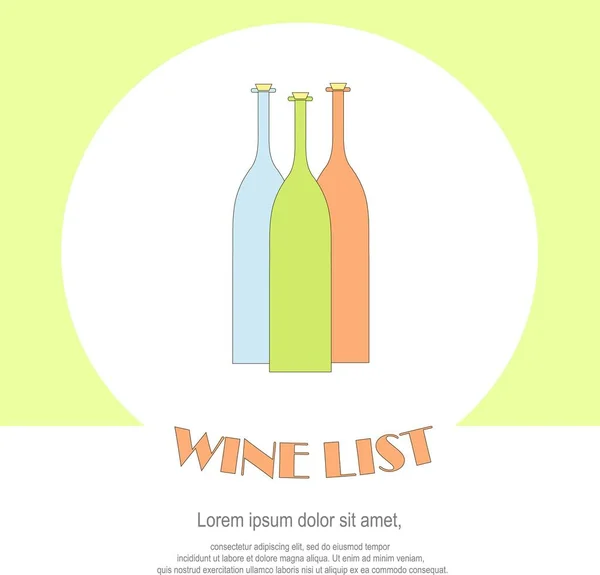 Modelos de menu de restaurante de vinho. Linha estilo verde, azul, vermelho, garrafas, Lorem ipsum em branco. Ilustração vetorial de estoque de elemento de design de vinho perfeito — Vetor de Stock