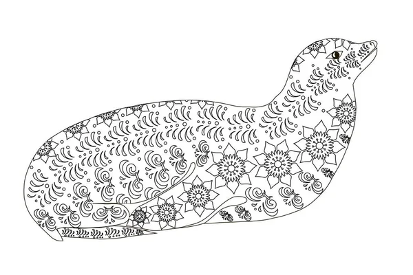 Otarie en fourrure zentangle dessinée à la main, illustration vectorielle anti stress noir et blanc — Image vectorielle