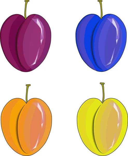 Pintura dibujada a mano púrpura, naranja, amarillo, ciruelas azules en blanco, vector de stock ilustración — Vector de stock