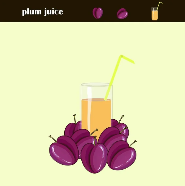 Verre de jus avec de la paille verte et de la peinture pourpre tiré à la main prunes sur fond clair, illustration vectorielle de stock — Image vectorielle