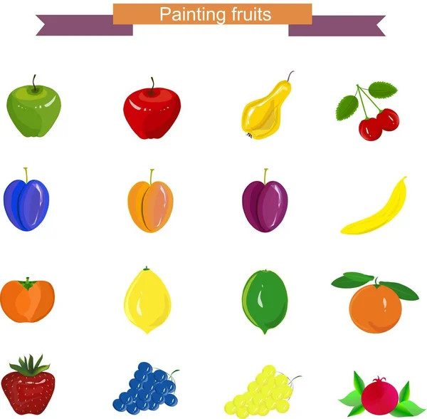 Το χέρι συντάσσονται ζωγραφική φρούτα: μήλα, αχλάδι, σταφύλια, κεράσι, μπανάνα, ρόδι, φράουλα, λωτός, λάιμ, λεμόνι, βερίκοκο, πορτοκαλί στο λευκό, απόθεμα διανυσματικά εικονογράφηση — Διανυσματικό Αρχείο