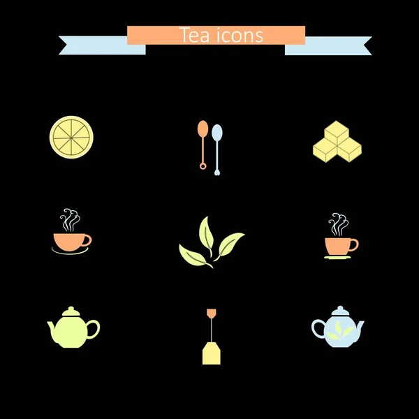 Set of modern flat colorful icons on black: tea spoons, lemon slice, sugar cubes, steam cups, teapots, tea bag, tea leafs, stock vector illustration — Stock Vector