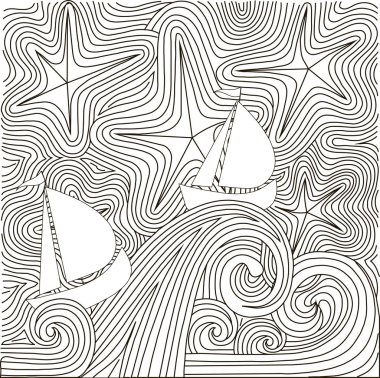 Elle çizilmiş siyah ve beyaz yıldızlı gece, yelkenli dalgalar, anti stres vektör çizim üzerinde soyut