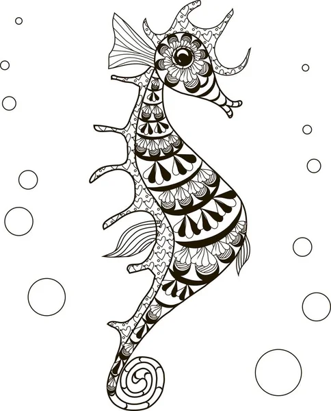 Poisson d'hippocampe dessiné à la main, illustration vectorielle anti stress noir et blanc — Image vectorielle