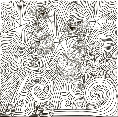 Zentangle el çekilmiş siyah beyaz soyut yıldızlı gece, dalgalar, anti stres vektör çizim üzerinde balık deniz atı