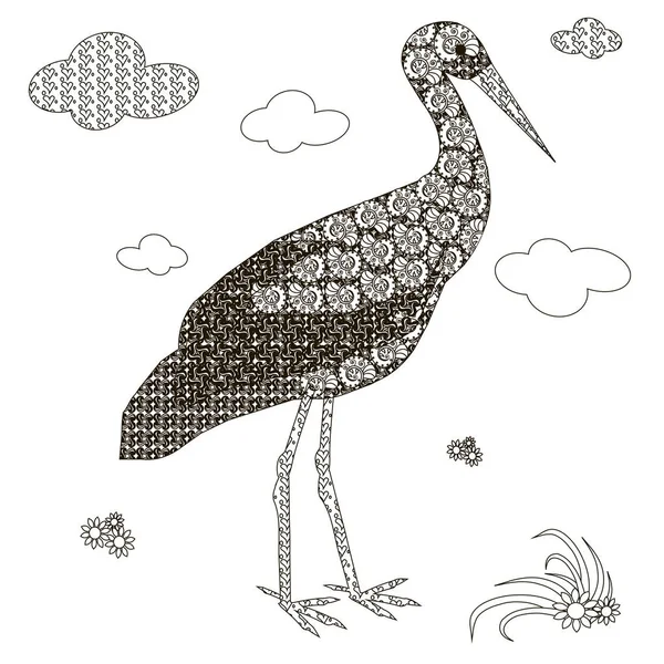 Cigogne dessinée à la main, illustration vectorielle anti stress noir et blanc — Image vectorielle