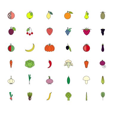 Renkli beyaz, hisse senedi vektör çizim üzerinde meyve ve siste Icons set 