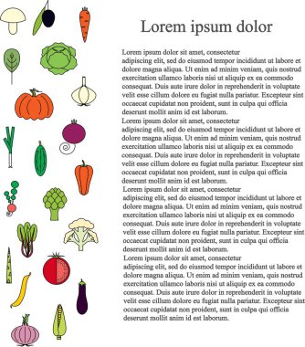 Renkli boyuna sebze arka plan, siyah Lorem Ipsum, hisse senedi vektör çizim