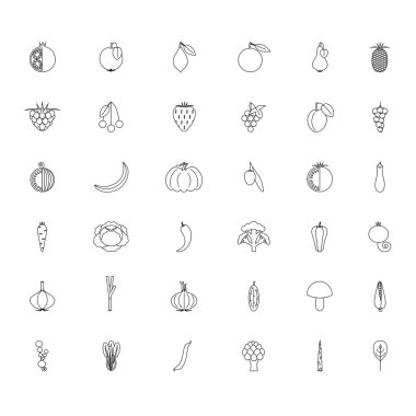 Siyah ve beyaz meyve ayarla ve sebzeler elle çizilmiş simgeler, hisse senedi vektör çizim satır 